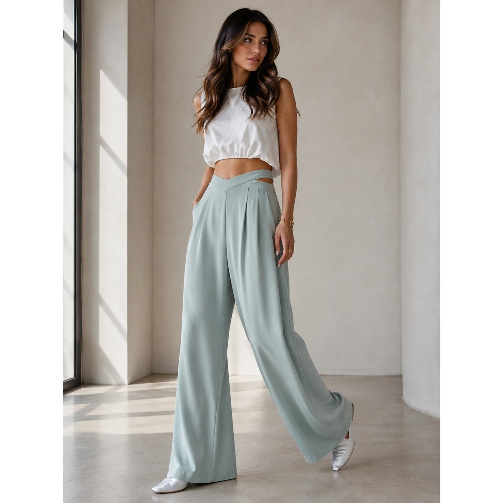 Commense Pleated V-Waist Wide Leg Pants‎ Blue High Rise Flowy Casual Trousers XS